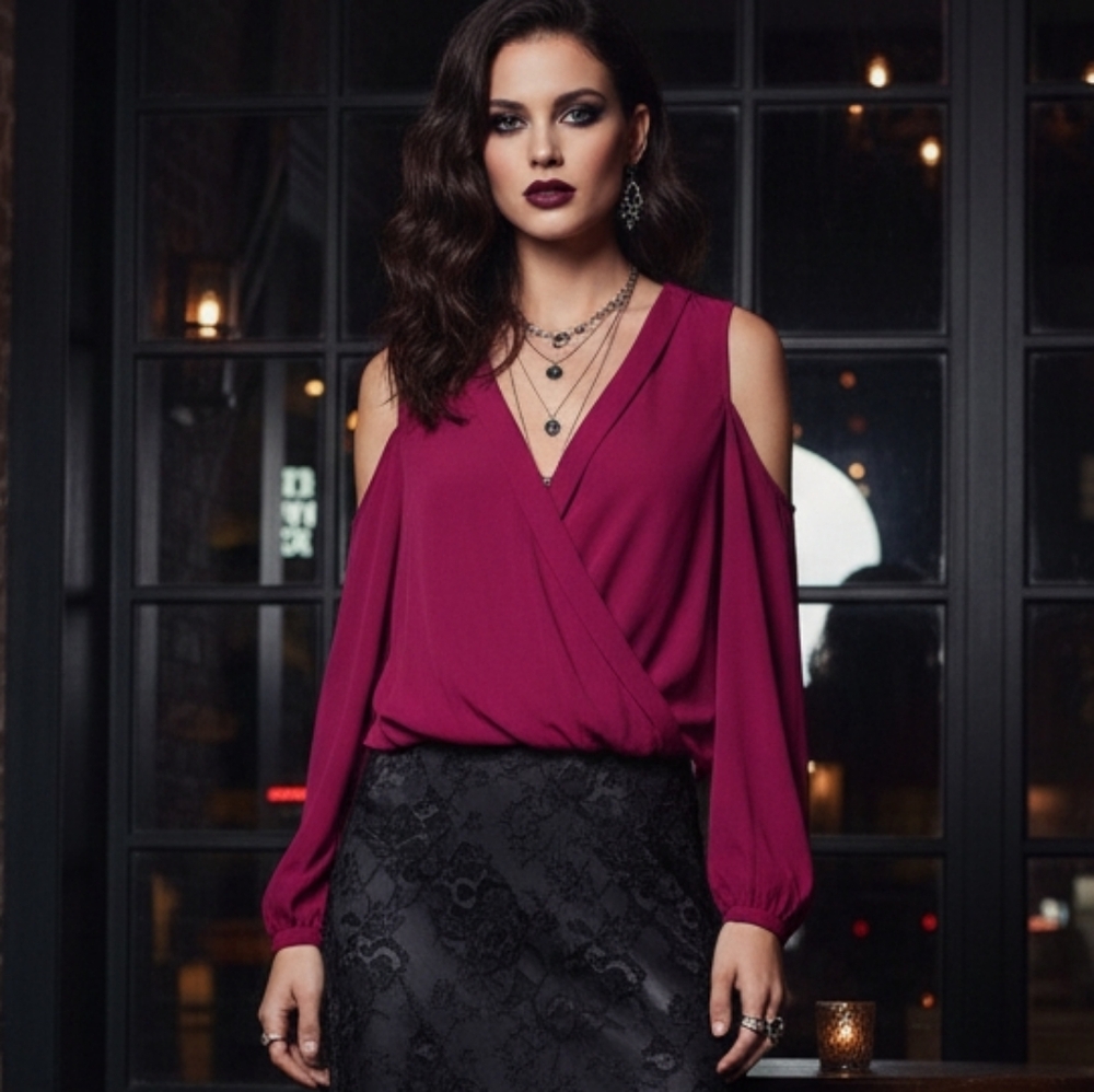 NWT Dynamite S Berry Cold Shoulder Surplice Blouse Whimsigoth Dark Romantic
